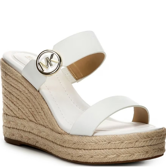 Michael Kors Lucinda Vachetta Leather Epadrille Wedge Sandals, White Leather 10 - Picture 2 of 16